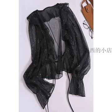 🌟臺灣出貨🌟超仙閃閃亮片雪紡防曬外搭開衫夏季百搭配吊帶裙披肩長袖罩衫上衣 防曬罩衫 透膚罩衫 網紗罩衫 夏天薄外套