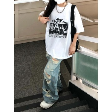 【鹿向南】100%純棉 短袖 t恤女 日系復古 印花 t恤 寬鬆上衣 學生黨衣服
