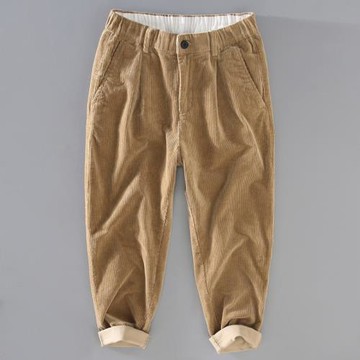 日系簡約純色燈芯絨男褲松緊腰直筒休閑長褲文藝青年復古條絨褲子