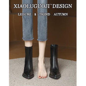 靴子女秋冬天加絨炸街小短靴厚底小個子彈力瘦瘦靴尖頭粗跟高跟鞋