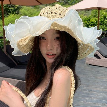 現省更多✅ 法式蕾絲草帽 韓星同款 夏季草編太陽帽 透氣帽檐 海邊沙灘遮陽防曬 度假帽