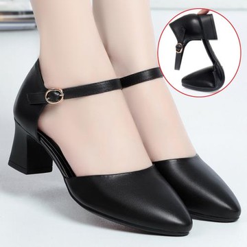 真皮軟底中跟中空皮鞋上班通勤工作鞋黑色單鞋女鞋包頭涼鞋女夏季