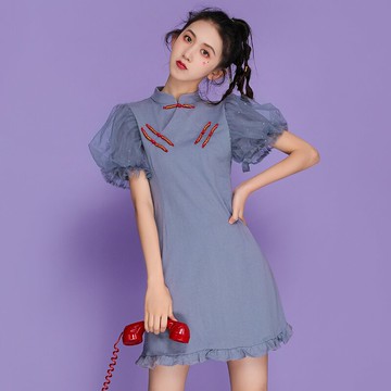 夏季新款日常年輕改良版旗袍網紗泡泡袖少女小個子連衣裙顯瘦