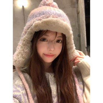 費爾島彩色條紋毛絨護耳帽女冬季加絨加厚保暖雷鋒帽東北防寒帽子