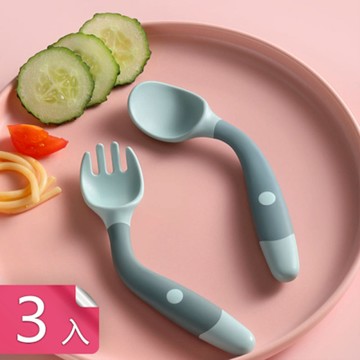 【荷生活】360度可彎曲易抓握寶寶學習餐具 附收納盒加深勺型防滑手柄叉匙-3入組