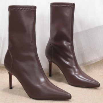 美拉德深棕色啞光尖頭細跟瘦瘦靴時尚簡約加絨短靴中筒靴315/A12