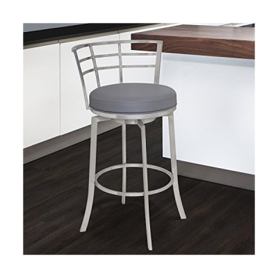 Armen Living Viper 26" Counter Height Swivel Barstool in Grey Faux Leather and Brushed Stainless Steel Finish