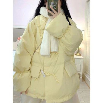 奶黃色2025冬季新款羽絨棉服女牛角扣小個子棉襖寬松保暖學生外套