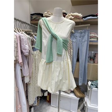 韓國東大門2025夏季新款韓版通勤寬松圓領拼接花苞顯瘦無袖連衣裙