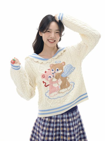 天使惡魔小熊海軍領針織水手服上衣