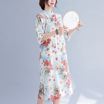 夏季新款文藝棉麻復古韓版印花旗袍寬松顯瘦開叉氣質連衣裙女