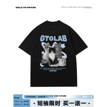 GTG原創美式復古潮牌貓咪圓領短袖男春季新款寬松oversizeT恤半袖