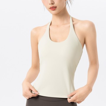 繞頸露背含罩杯瑜珈/運動/機能長版背心【半固定襯墊/下厚上薄】