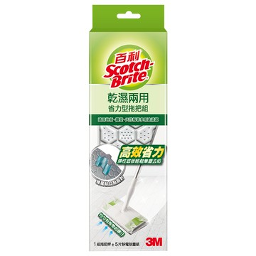 3M Scotch-Brite 百利 乾濕兩用省力型拖把組  1組  省力型拖把25 x 11.5 x 126cm + 靜電除塵乾拖巾28 x 21cm 5張