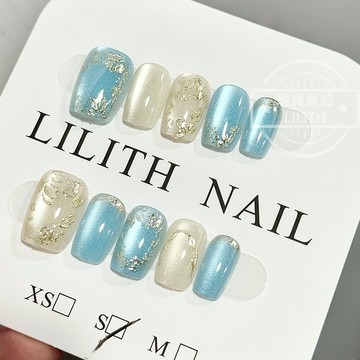 可隔日到貨！冰藍金桂 猫眼穿戴甲 可拆卸顯白百搭 光療穿戴甲 美甲貼片 美甲穿戴甲  甲片 假指甲 指甲貼 韓國美甲