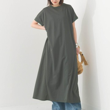 日本 OMNES - 接觸涼感 嫘縈圓領傘狀短袖洋裝-墨綠