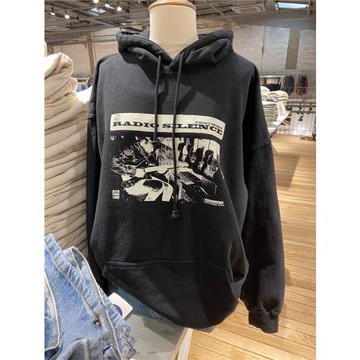 BM楊冪同款美式復古Radio搖滾吉他手印花百搭bm加絨連帽衛衣女