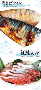 迷ったらコレ！！魚鶴商店の天然紅サケ１ｋｇ  塩さばフィレ６枚セット