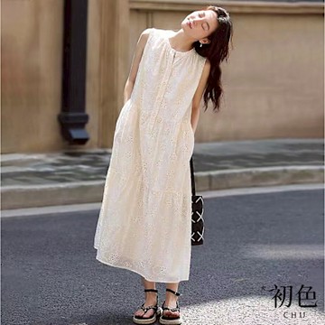 初色  圓領蕾絲鏤空半排扣寬鬆顯瘦無袖連身裙洋裝+百搭素色吊帶裙套裝-米白色-11784(M-2XL可選)