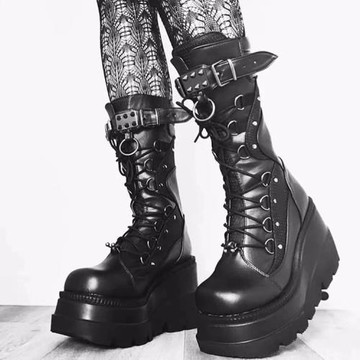 punk women wedge boots Knight boots朋克暗黑厚跟騎士靴中筒靴