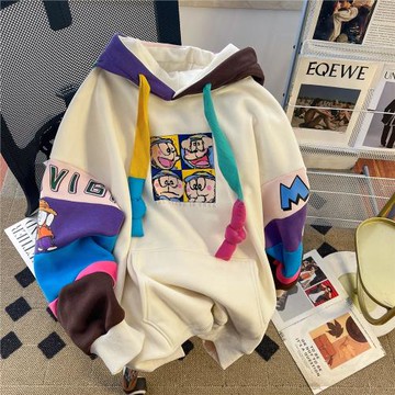 日系卡通撞色加絨連帽衛衣男女秋冬慵懶風oversize加厚銀狐絨外套