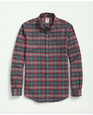 Brooks Brothers Men's Portuguese Flannel Polo Button Down Collar, Plaid Shirt | Heather Grey | Size Medium