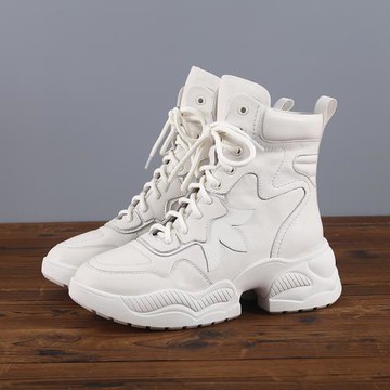 松糕厚底馬丁靴女春秋單靴英倫風真皮增高靴子女顯瘦中筒白色短靴