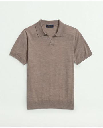 Brooks Brothers Men's Lightweight Luxe All-Season Sweater, Johnny Collar | Beige | Size Large