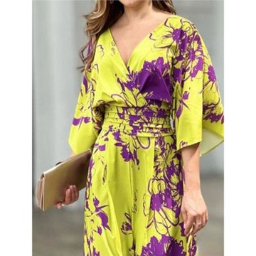 Printed bat sleeve high waist jumpsuit印花蝙蝠袖高腰連體褲女