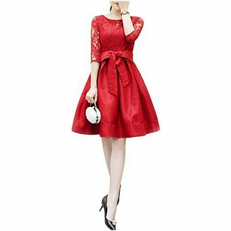 ネモフィオール かわいい パーティ ドレス ワンピース キャバ レース シースルー フレア ひざ丈 ウエスト リボン レース ワンピース 赤 Ss 通販 Lineポイント最大get Lineショッピング