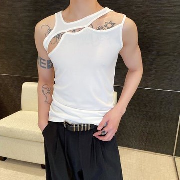 個性鏤空吊帶背心男小眾設計感性感上衣辣弟風彈力緊身內搭打底衫