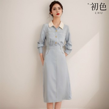 初色 文藝風中長款撞色拼接系帶POLO領長袖牛仔A字中長裙連衣裙連身洋裝-淺藍色-10364(M-XL可選)
