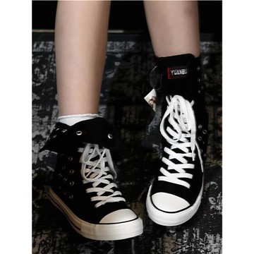 新款中筒帆布鞋潮女透氣拉鏈帆布靴子高幫休閑鞋大碼舒適百搭鏤空