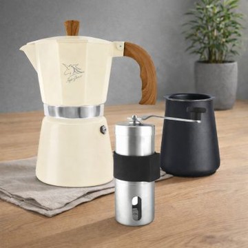 【FUJI-GRACE富士雅麗】DIY義式大摩卡壺經典組 (6杯份大摩卡壺 + 咖啡粉篩杯 + 手搖磨豆機) 手作咖啡入門