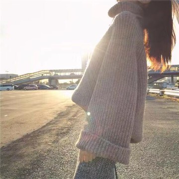 韓國喇叭袖寬松慵懶風套頭粗毛線高領大闊袖子冬季加厚外穿毛衣女1入