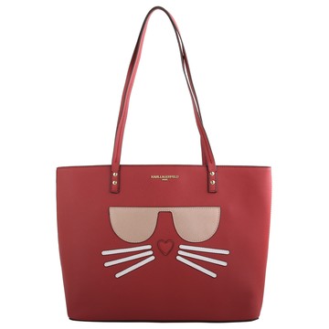 KARL LAGERFELD-眼鏡貓咪圖案防刮PVC托特包(火紅色)中款