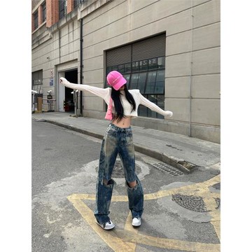 Tristine2023初春小眾噴染設計感高街炸街率性水洗破洞牛仔褲女
