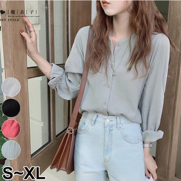 【QV3836】魔衣子-秋天童話．純色直條緹花紋理V領長袖襯衫