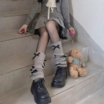 百搭襪 多個蝴蝶結襪套 秋款 美拉德咖色 針織堆堆襪子女 日系小腿套 高彈不勒腳 耐磨不易變形 舒適透氣