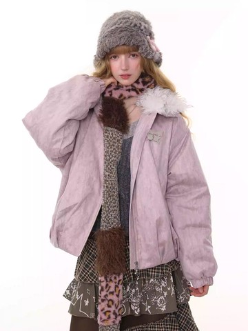 ziziFei秋冬季新款美式復古設計感加厚保暖少女感毛領棉服外套女