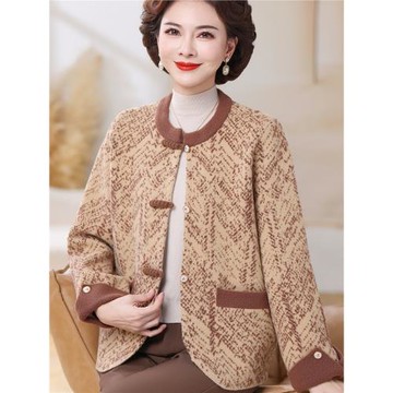 媽媽秋裝新中式毛呢外套2025新款中老年女裝秋冬國風呢子上衣套裝