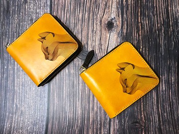 吆吆貓系列拉鏈短夾 貓咪雷雕 真皮全手縫 手工染色