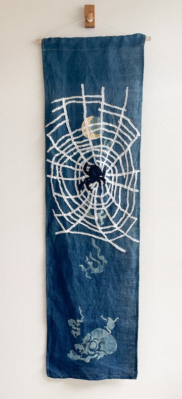 日本製 拼布 MOON Skull 月髑髏蜘蛛 JAPANBLUE Tapestry Aizome 藍染 黃麻 Frog Wall deco