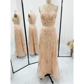 香檳色釘珠亮片露腰性感掛脖無袖晚禮服裙M1163