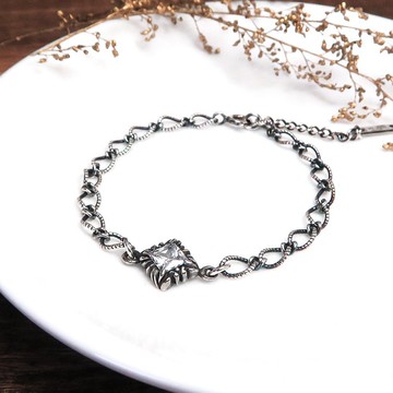 復古菱形 麻花手鍊 白方晶 925純銀手鍊 女生手鍊