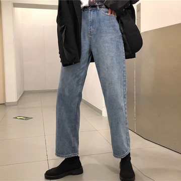 春季新款chci韓國復古高腰磨破做舊牛仔褲百搭顯瘦直筒褲長褲學生1入