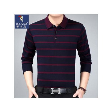 啄木鳥中老年純棉男士長袖T恤寬松條紋體恤爸爸裝品牌薄打底小衫