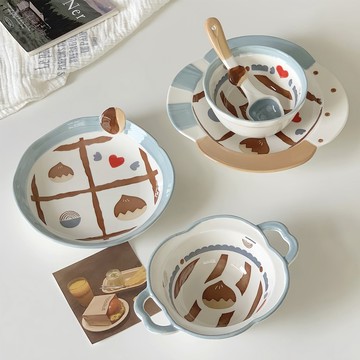 ins高顏值 🥣 | 慄子塗鴉陶瓷碗 雙耳甜品碗 陶瓷碗 陶瓷圓碗 陶瓷盤 陶瓷方盤 痠奶碗 旦形盤 陶瓷圓盤