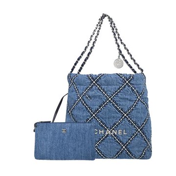 CHANEL 新款22 It Bag菱格紋縫線牛仔布肩背包(小型/單寧藍)