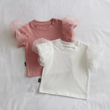 西瓜星球 甜美泡泡袖蕾絲上衣 女童女寶寶夏裝新款洋氣公主衣服